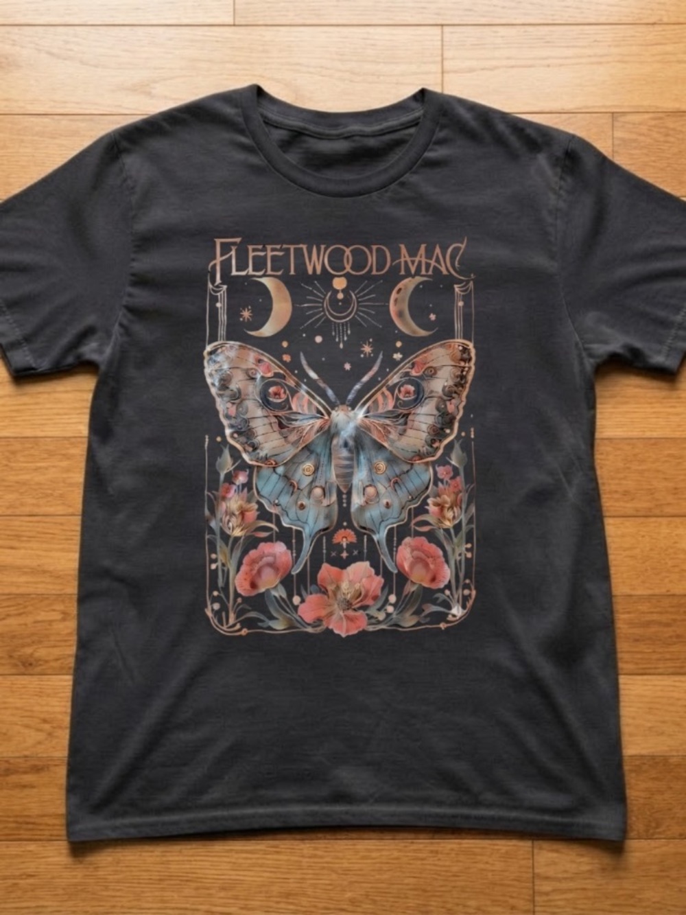 Black Fleetwood Mac Tee with Blue Butterfly and Peach Florals